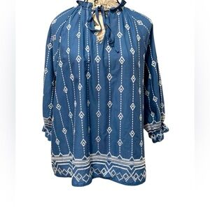 Umgee Denim Blue White Embroidered Boho Peasant Cotton Flowy Tunic Top Size S